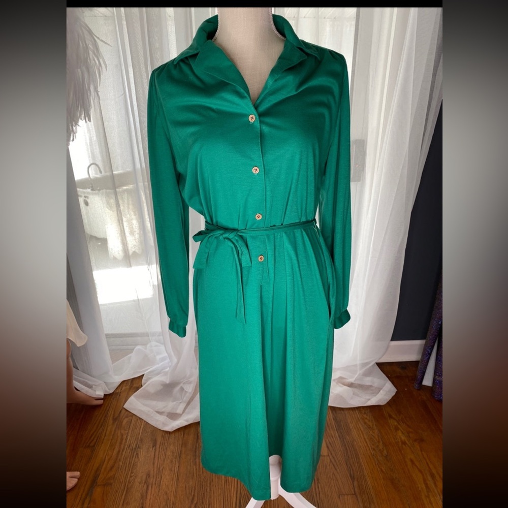 Green button up belt tie vintage Flair of Miami dress with POCKETS! Size 12